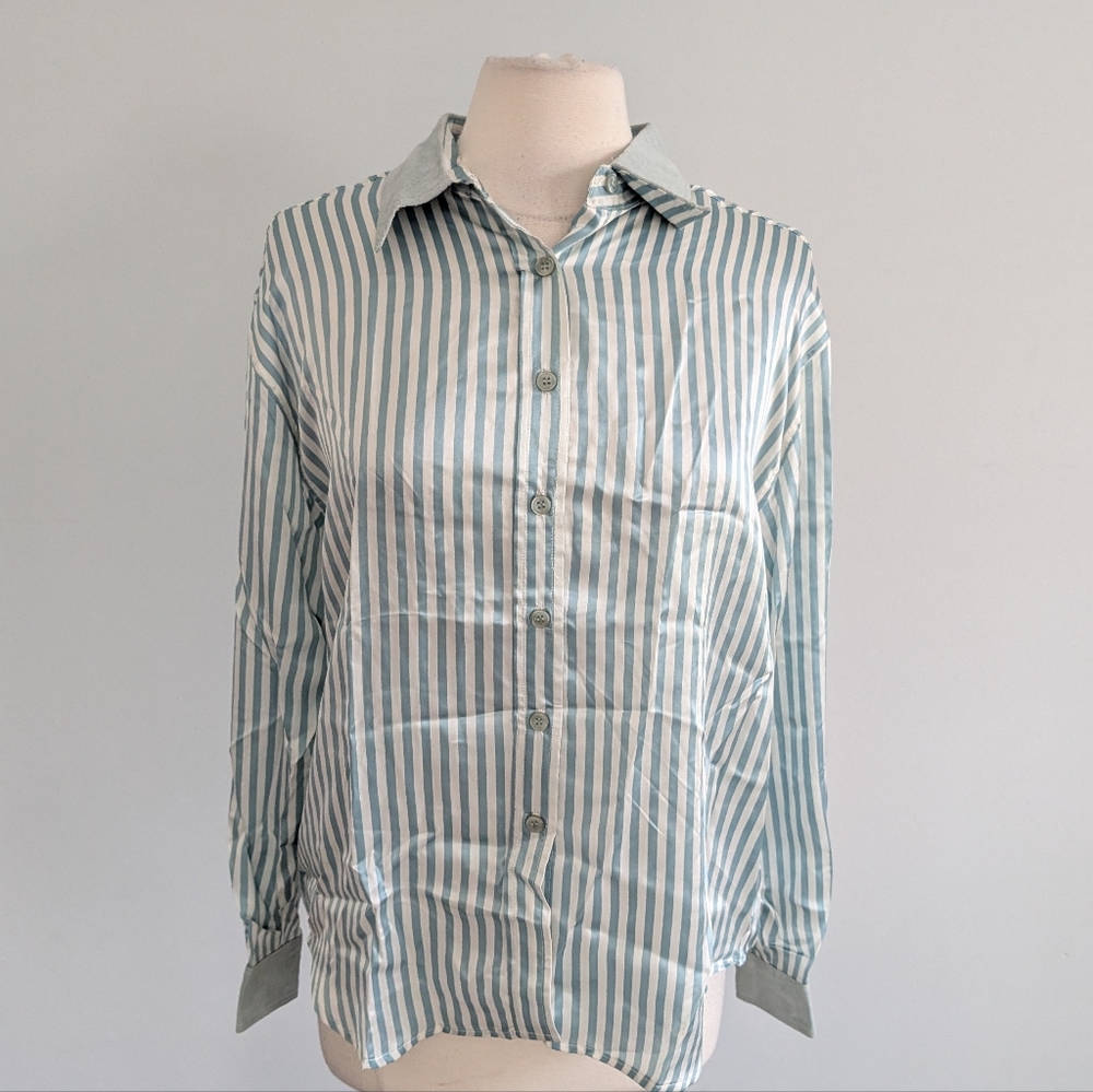 Women's Braefair Silk Leather Collar Button Down Blouse XL Mint Cream